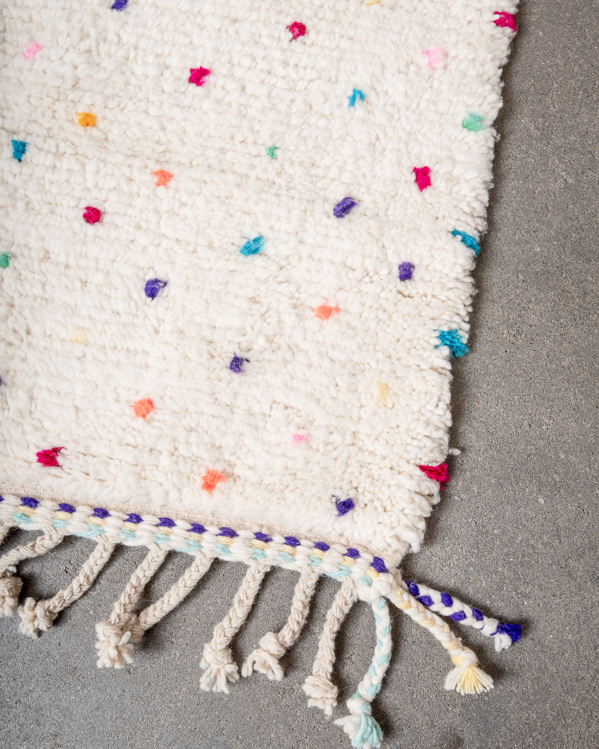 Modern, designer, handcrafted Berber rug from Morocco. Beniourain carpet with beautiful colours and patterns and fluffy wool texture.